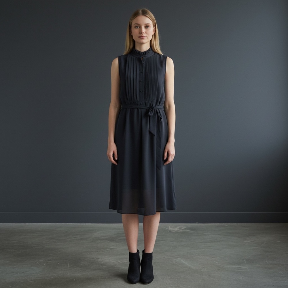 ❤️ Vintage LOFT Navy Ruffle High Neck Chiffon Tie Waist Dress